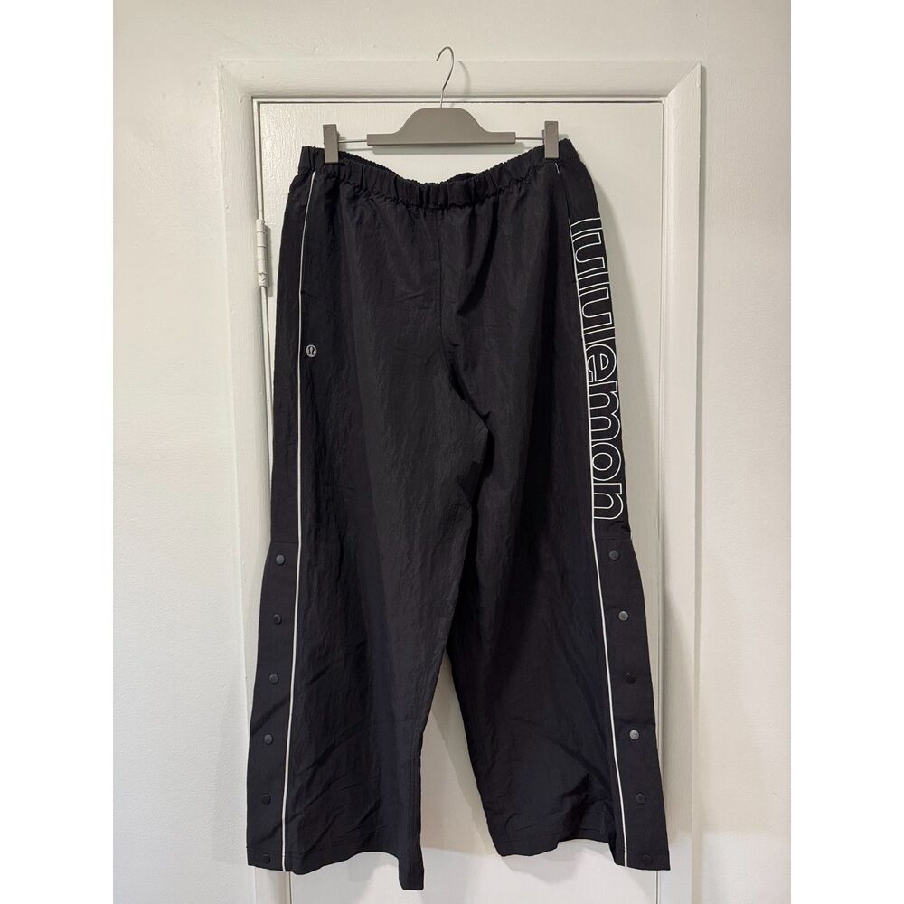 Lululemon Logo Print Woven Track Pants Black White Snap Side Wide Leg XL